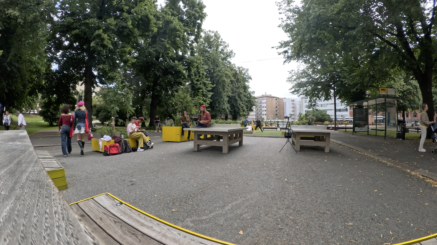 Figure 2. Sonic ping-pong in Karhupuisto, Kallio district, Helsinki, August 2025. Photo credit: ExoSound.