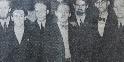 De danske komponister ved UNM 1947. Peder Holm er nummer to fra højre.